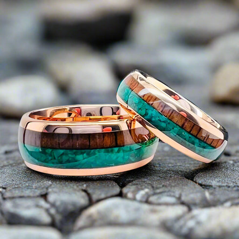 Men's Women's 8mm Tungsten Rose Gold Koa Wood & Malachite Inlay Wedding Band